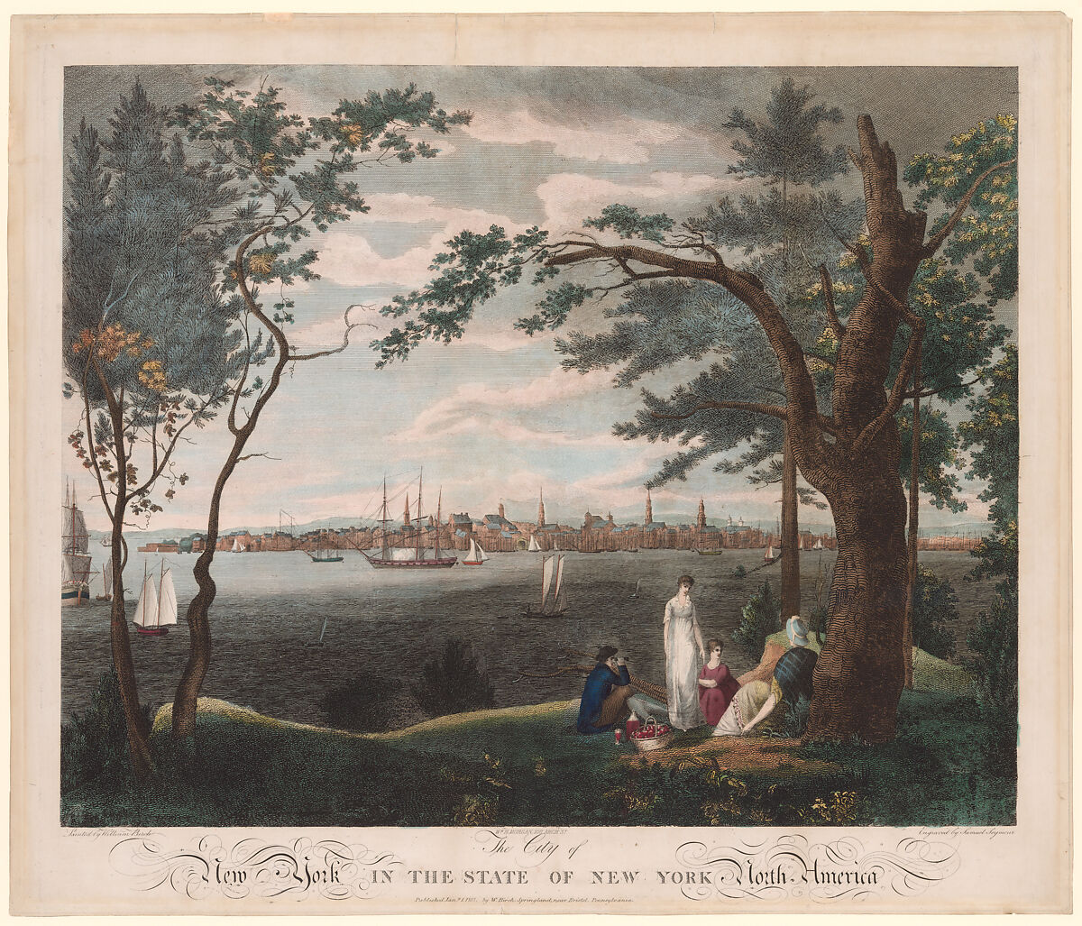 The City of New York, in the State of New York, North America [The Birch View with the Picnic Party], Samuel Seymour (American, active 1797–1822/23), Hand-colored engraving and etching; third state of three 