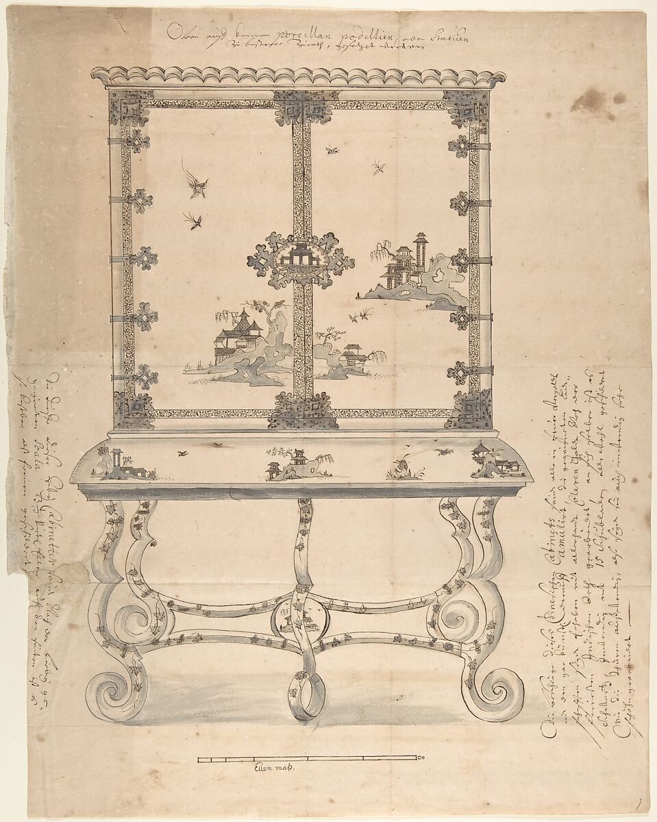 Design for a Chinese-style Lacquer Cabinet, Anonymous, German, 18th century, Pen and black ink, brush and gray and brown wash 