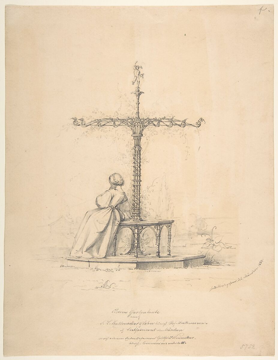 Woman seated on iron garden seat with canopy, Ferdinand Kirchgessner (German, active Nuremberg (?) 1850–55), Graphite 