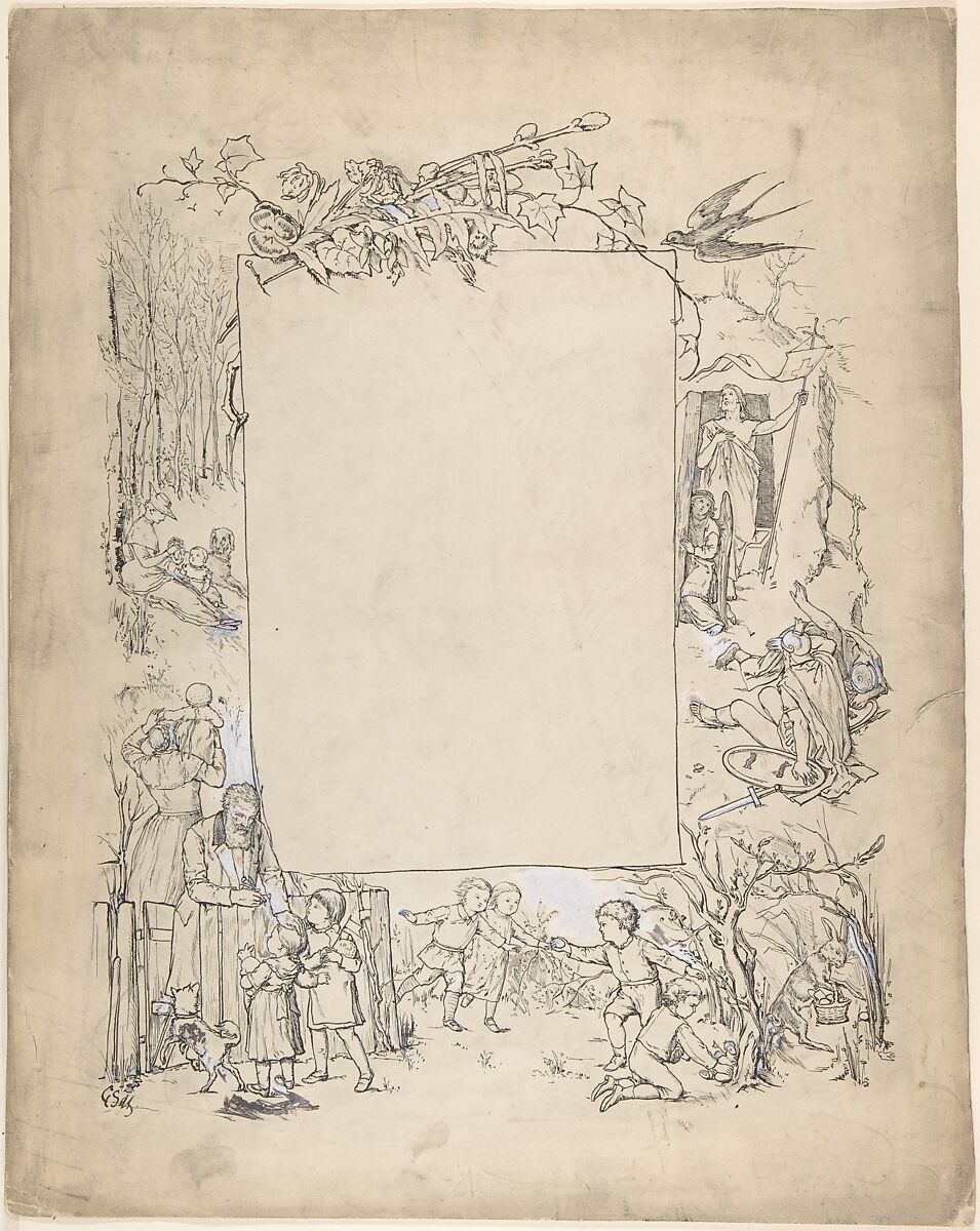 Cartouche framed with scenes of Christ leaving tomb and Easter Bunny, Attributed to Anonymous, German, 19th century, Pen and black ink, corrected with white 