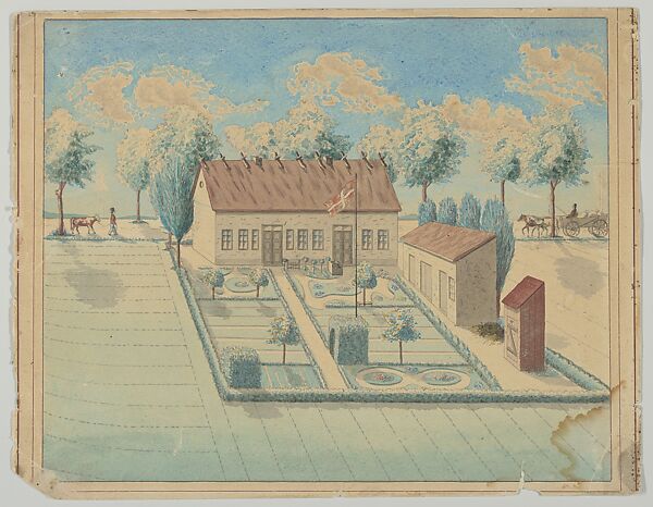 Bird's Eye View of a House and Garden with a Danish Flag Flying, Anonymous, Watercolor, pen and black ink, brush and gray ink