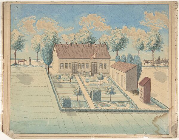 Bird's Eye View of a House and Garden with a Danish Flag Flying, Anonymous, Watercolor, pen and black ink, brush and gray ink 