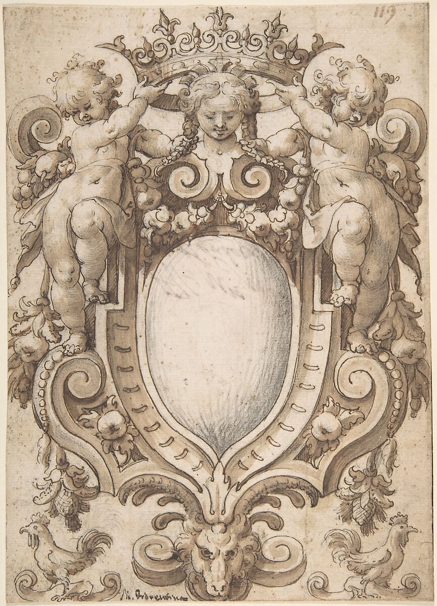 Coat of Arms (blank) with Two Putti Holding a Crown, Anonymous, German, 17th century (?), Pen and brown ink, brush and brown wash, black chalk, laid 