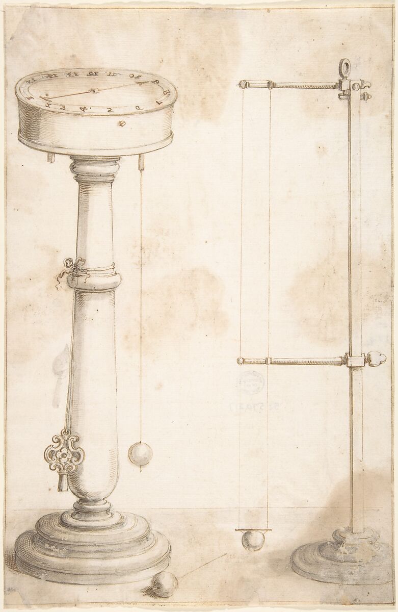 Designs for a clock (Illustrations for "Saggi di naturali esperienze"), Circle of Giuseppe Cocchini (Italian, ca. 1666), Pen and brown ink, brush and gray and brown wash, over black chalk 