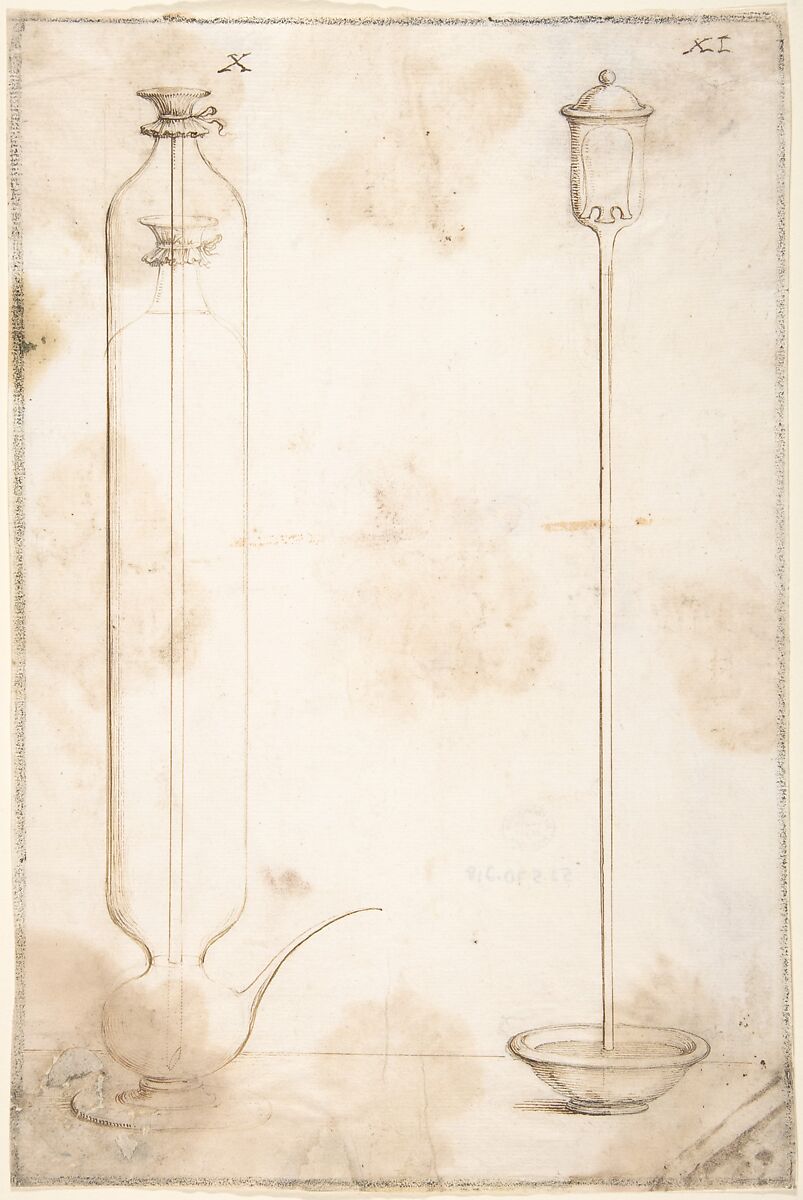 Two Glass Containers for Scientific Experiments with Liquids (Illustrations for "Saggi di naturali esperienze"), Attributed to Anonymous, 17th century, Black chalk, pen and brown ink, brush and brown and gray wash, black chalk framing lines 