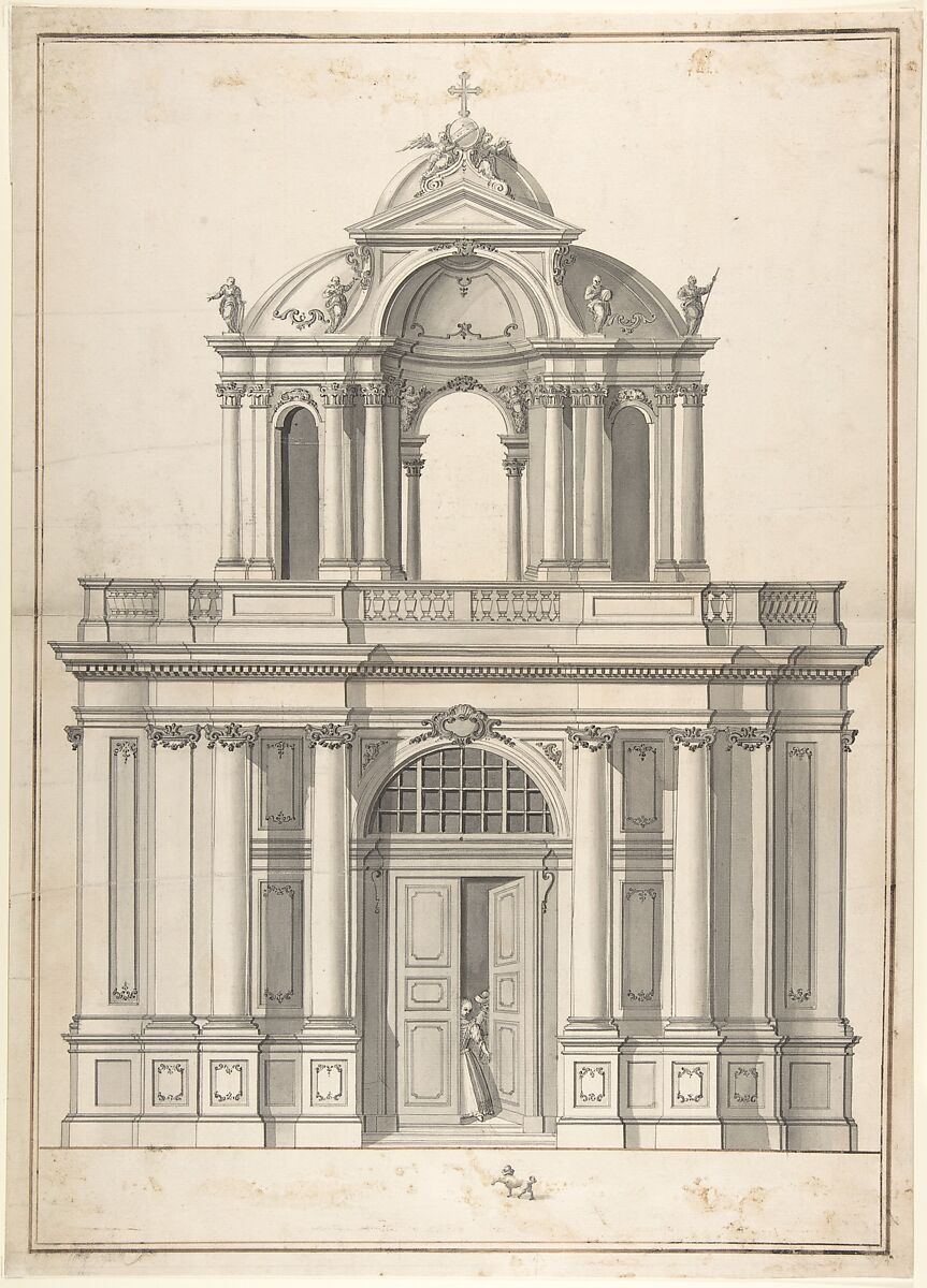 Design for the façade of a building, Attributed to Anonymous, German, 18th century, Pen and gray ink, brush and gray and black wash, brown ink framing lines 