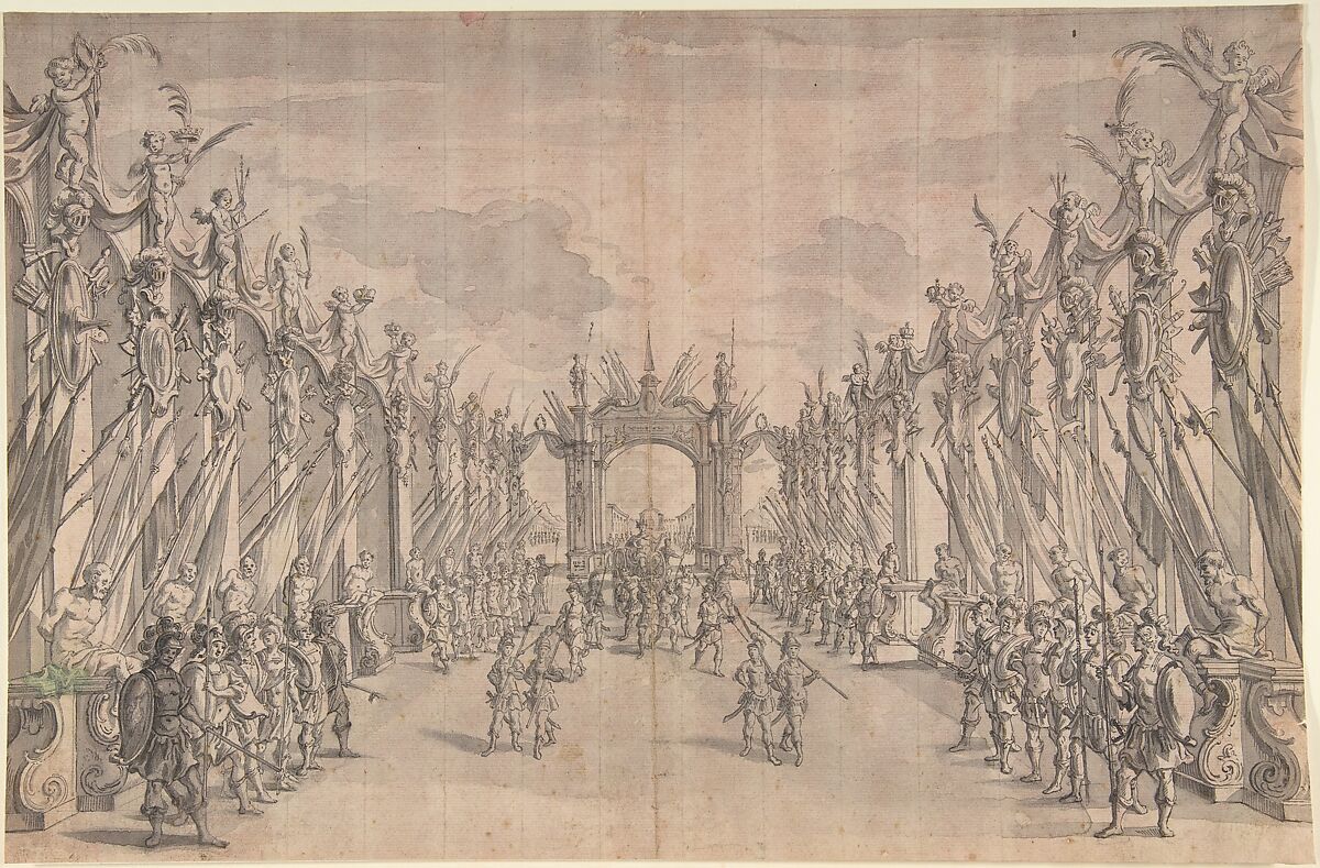Triumphal Entry of King, Anonymous, German, 17th century, Pen and gray ink, brush and gray wash 