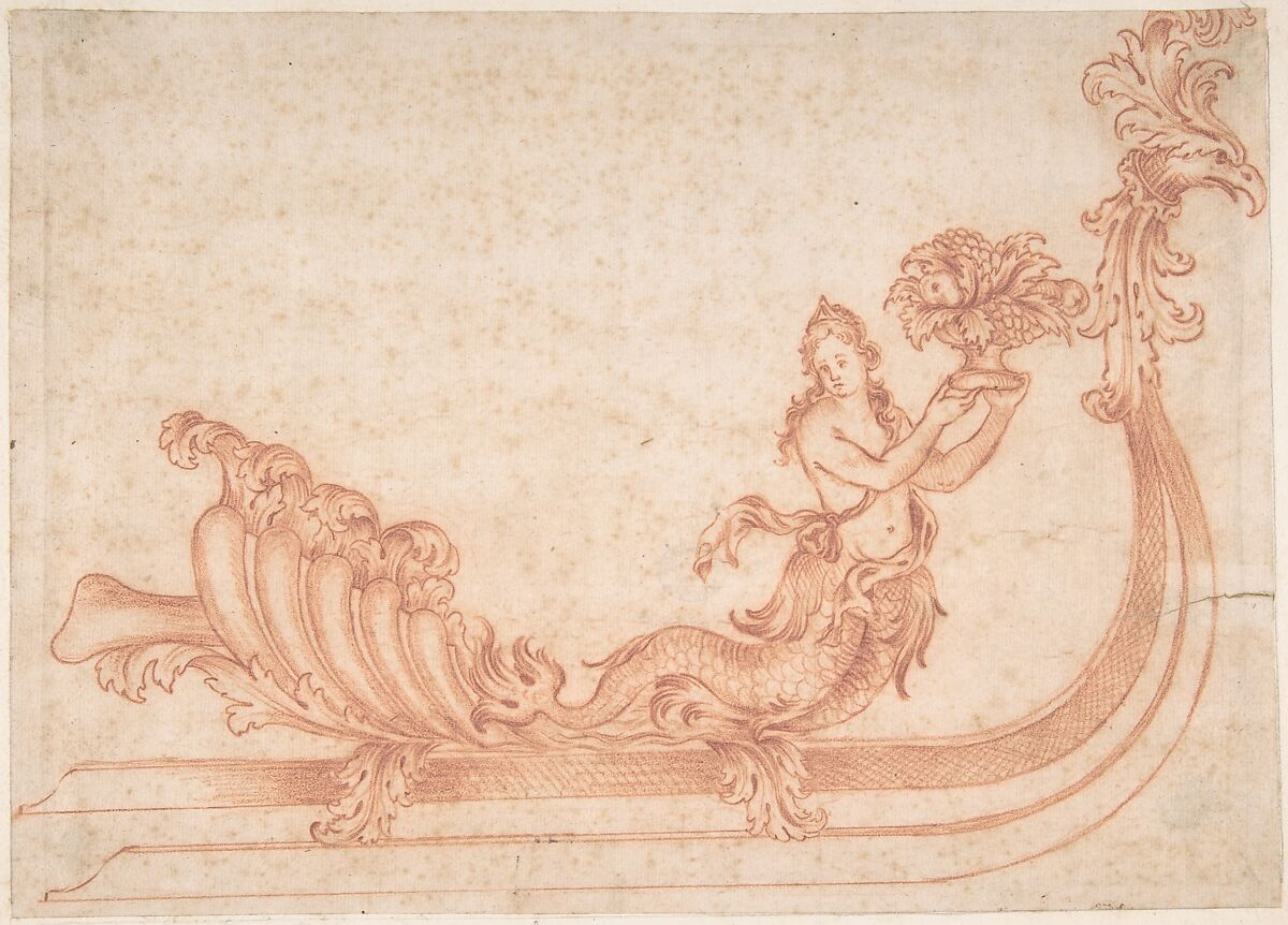 Design for a Sleigh with a Mermaid Holding a Vessel with Fruit, Attributed to Anonymous, German, Red chalk 