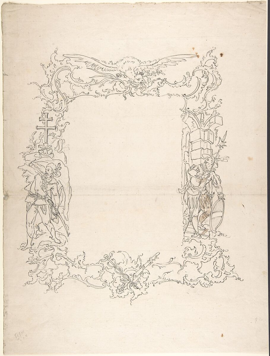 Ornamental frame with eagle and two figures, Attributed to Anonymous, German, 18th century, Graphite, pen and black ink, minor shading in pen and brown ink 