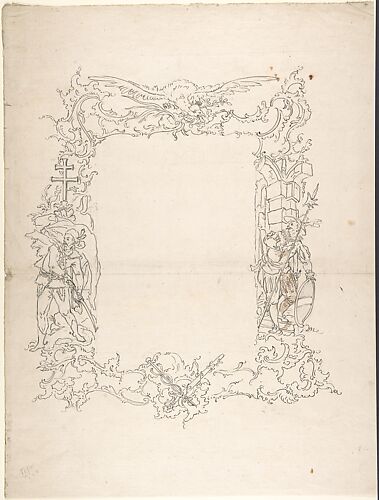 Ornamental frame with eagle and two figures