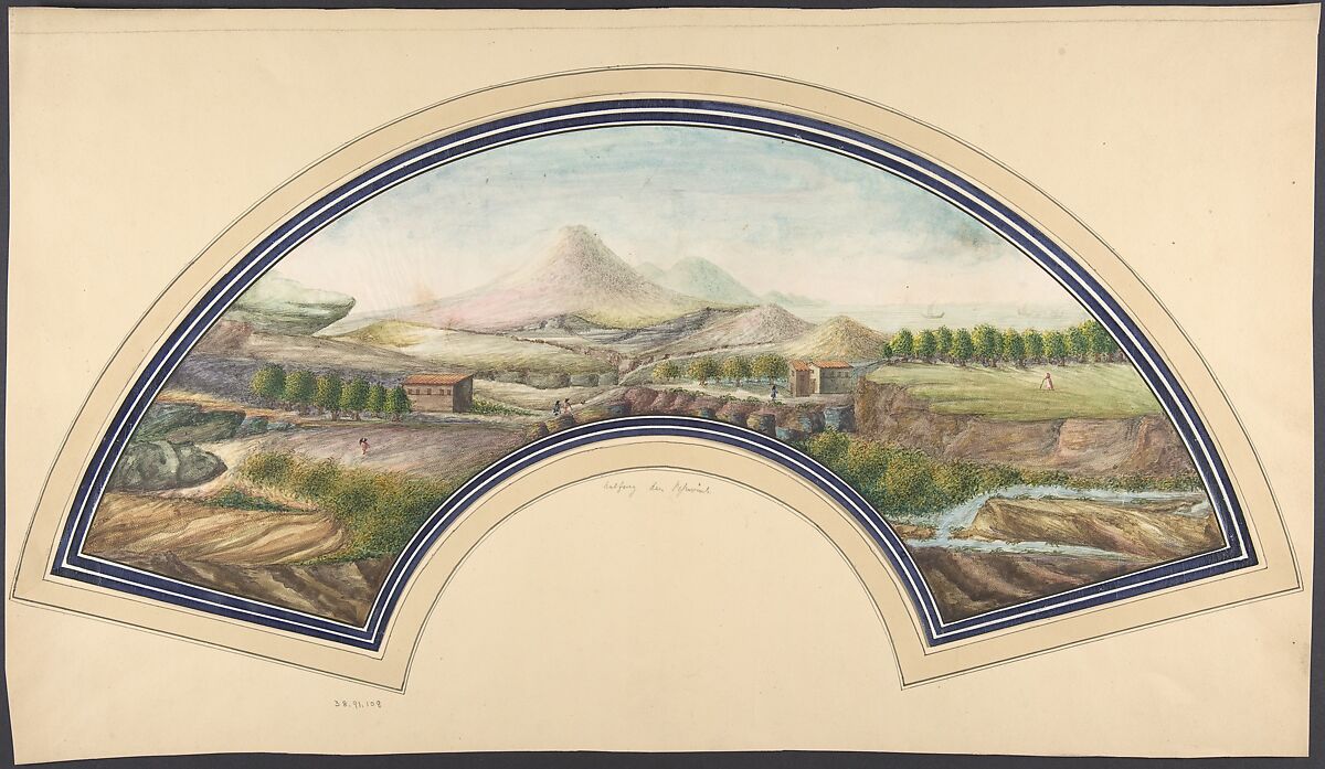 Fan Design with Mount Vesuvius, Anonymous, 19th century, Watercolor on vellum (?), arched, with double blue ink framing lines, mounted