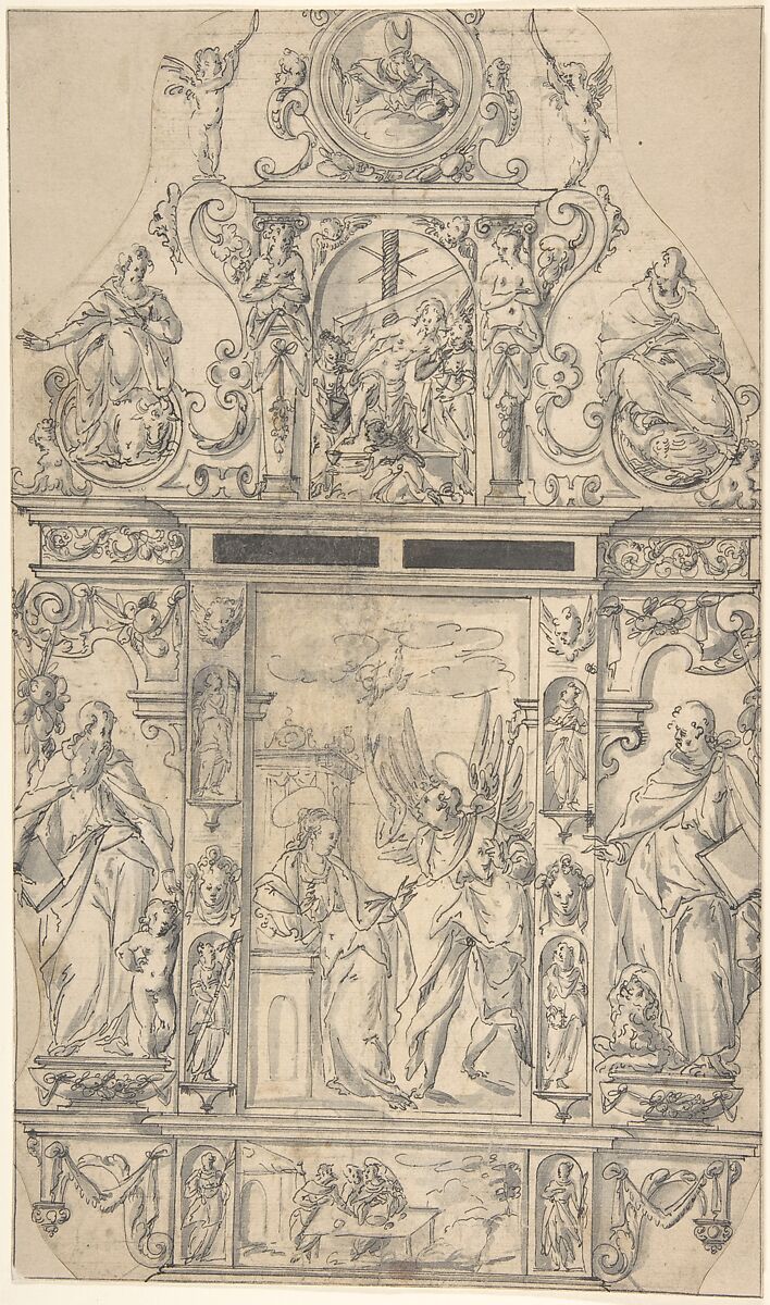 Design for a Tabernacle with the Annunciation, Anonymous, German, 17th century, Pen and gray ink, brush and gray wash 