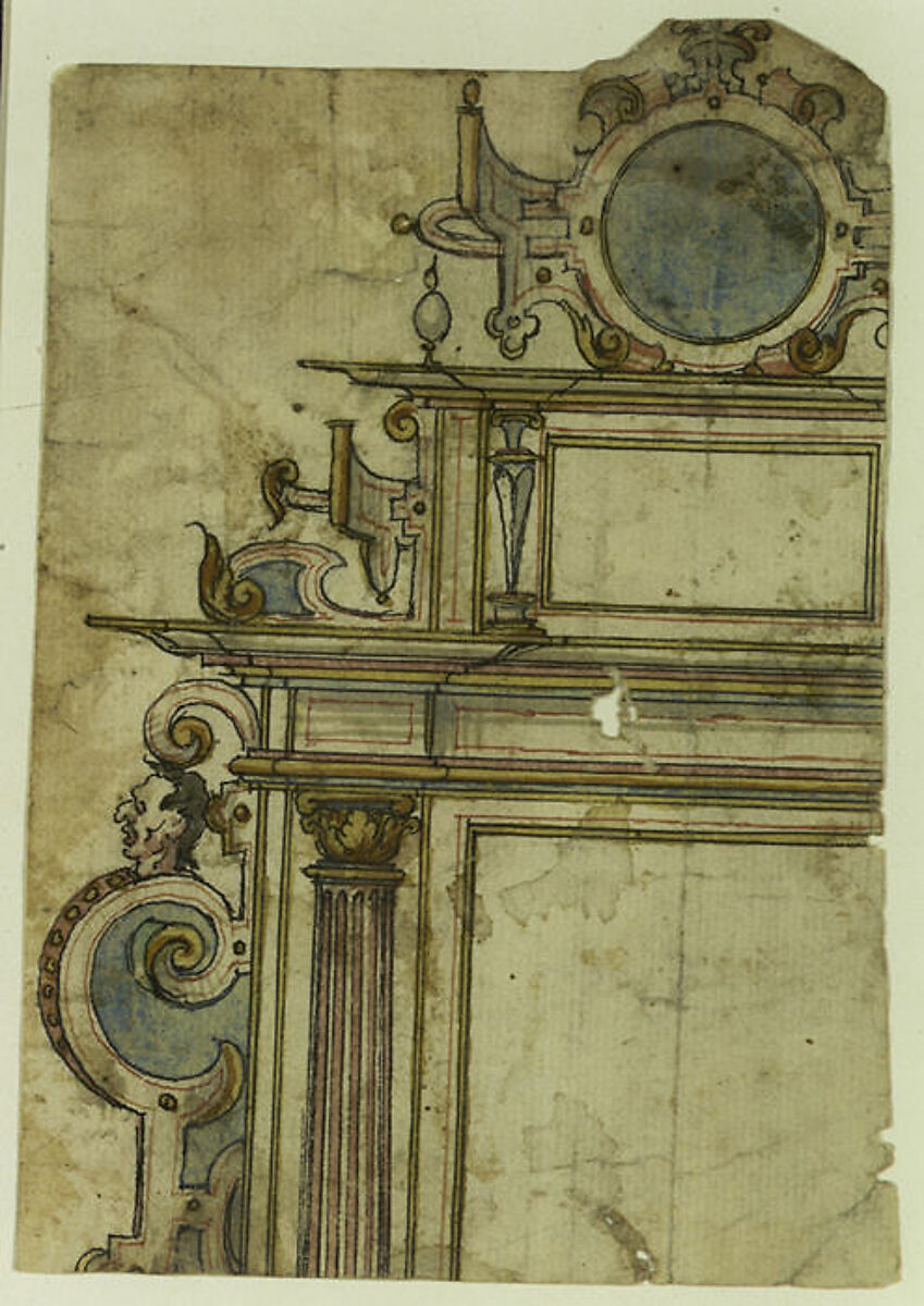 Fragment of architectural frame, Anonymous, Netherlandish, 16th century ?, Watercolor, pen and black and red ink