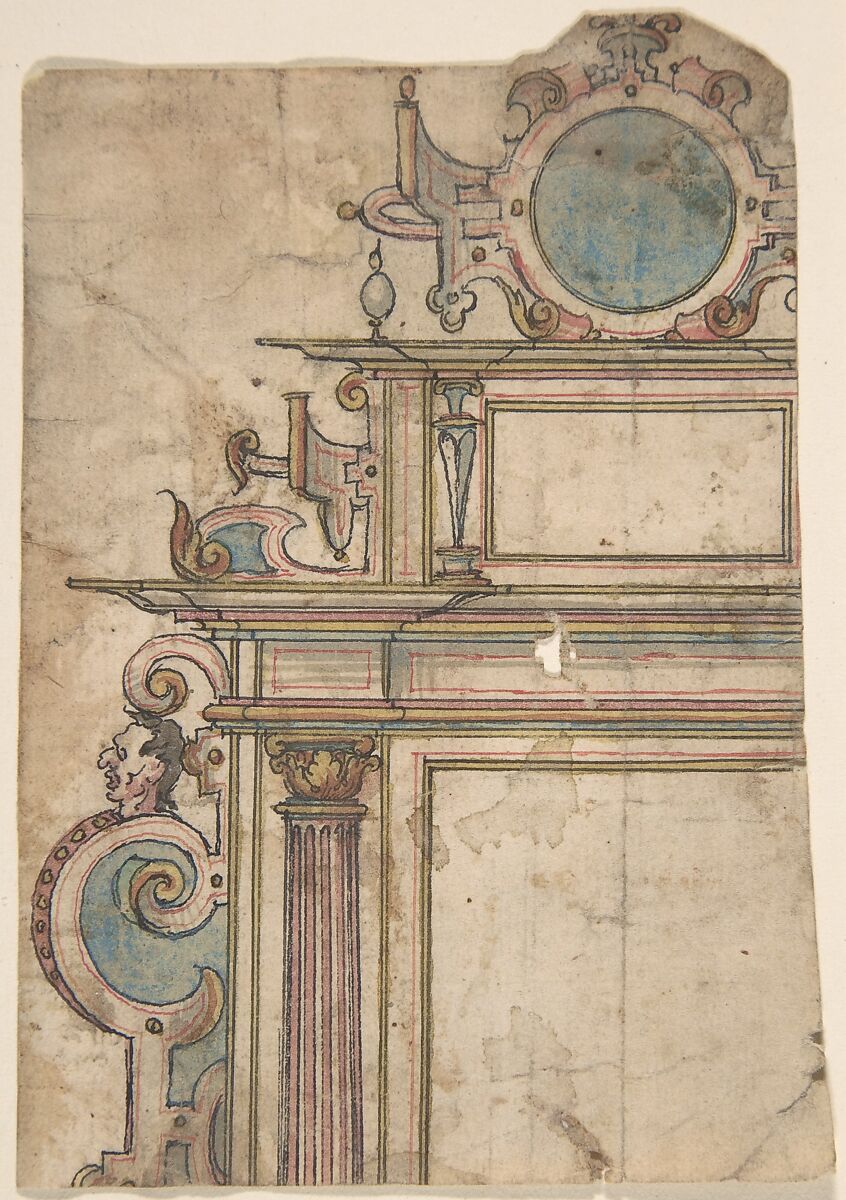 Fragment of architectural frame, Anonymous, Netherlandish, 16th century ?, Watercolor, pen and black and red ink, irregular  