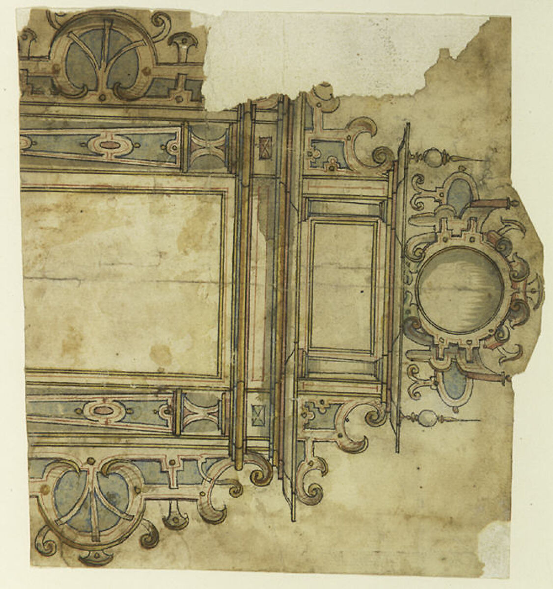 Fragment of  design for architectural frame, Anonymous, Netherlandish, 16th century ?, Watercolor, pen and black and red ink