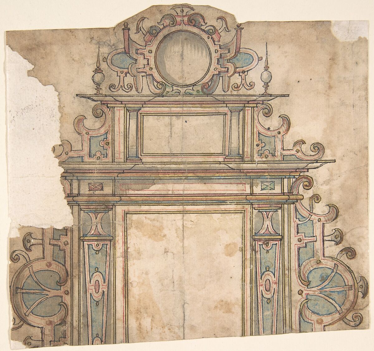 Fragment of  design for architectural frame, Anonymous, Netherlandish, 16th century ?, Watercolor, pen and black and red ink, irregular 