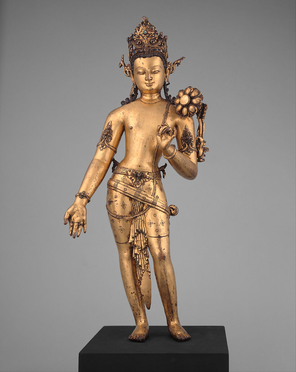 The Bodhisattva Padmapani Lokeshvara, Copper alloy with gilding and semiprecious stones, Nepal, Kathmandu Valley 