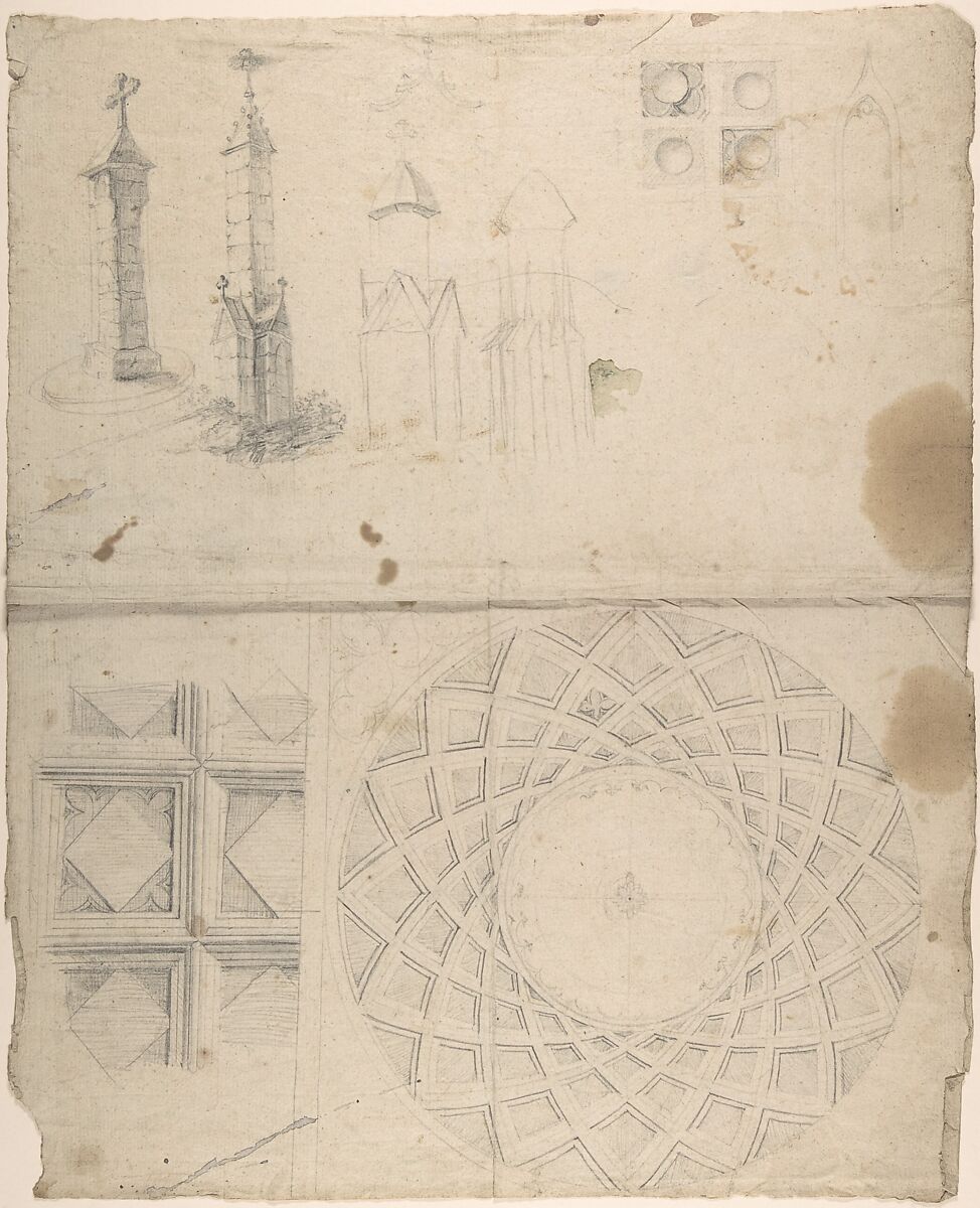 Design for coffered cupola interior and monuments (recto); details of wall decoration (verso), Anonymous, German, 19th century, Graphite 