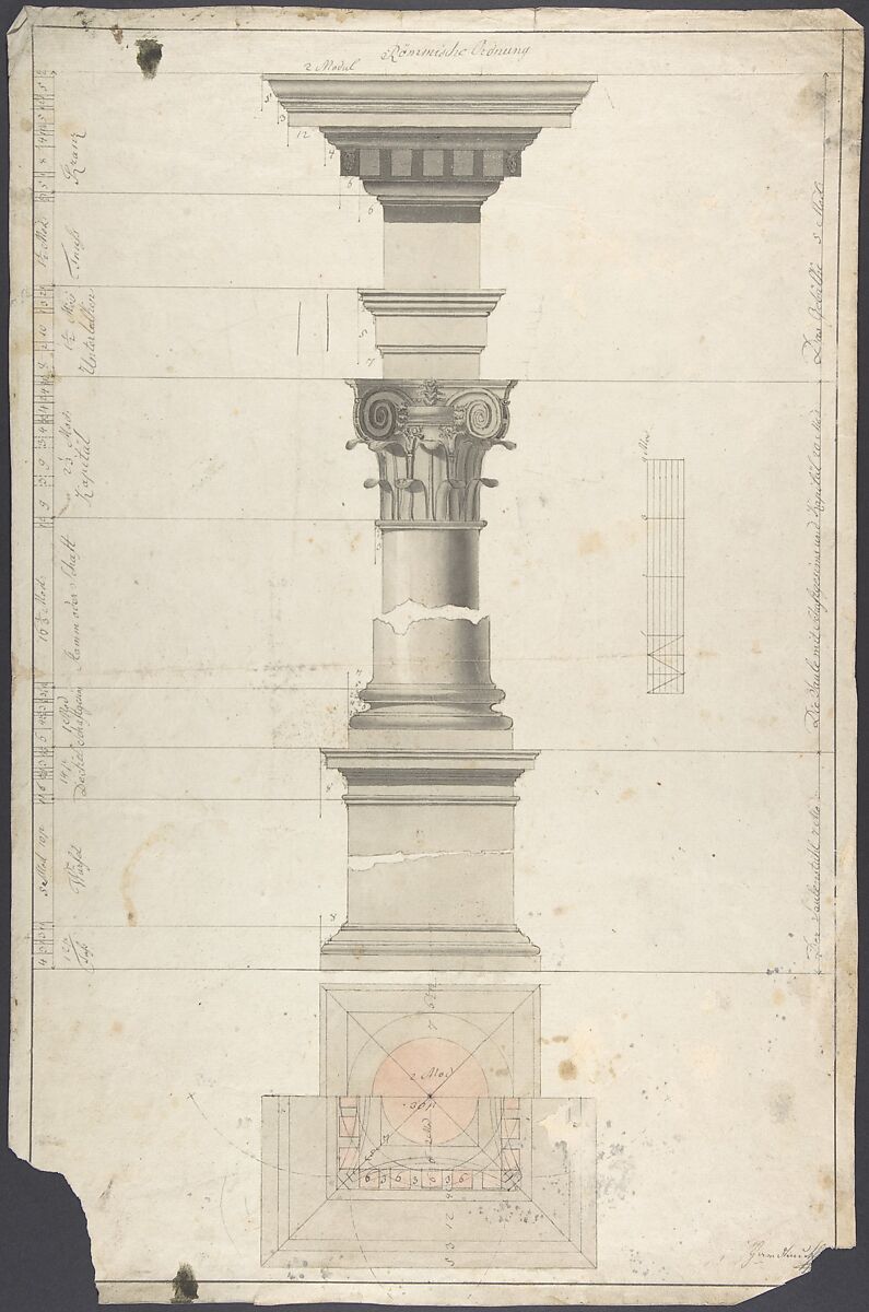 Design for a column in Roman order, Maximilian Hardmuth (Austrian, Vienna (?), ca. 1824–1876), Graphite, pen and black ink, brush and gray wash 