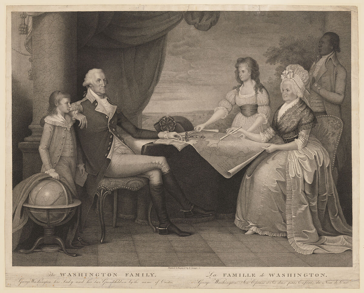 The Washington Family: George Washington, His Lady, and her Two Grandchildren by the Name of Custis–George Washington, Son Epouse, et Ses Deux petits Enfants du Nom de Custis, Designed, engraved and published by Edward Savage (American, Princeton, Massachusetts 1761–1817 Princeton, Massachusetts), Stipple engraving, second state 