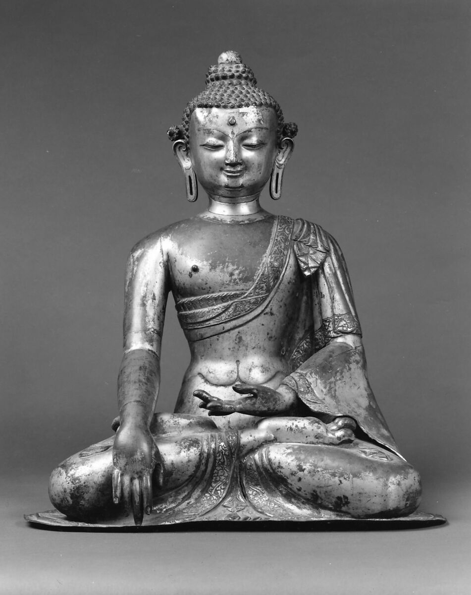 Seated Buddha, Repousse copper inlaid with semi-precious stones, Nepal (Kathmandu Valley) 