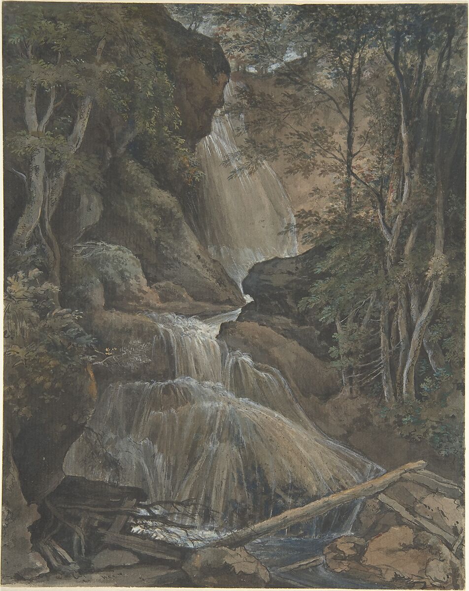 A Waterfall in a Forest at Langhennersdorf, Christoph Nathe (German, Nieder-Bielau 1753–1806 Schadewalde), Brush and brown ink, watercolor, gouache, over a sketch in graphite 