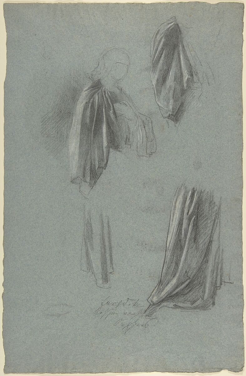 Drapery Studies (recto); Drapery Studies (verso), Anselm Feuerbach (German, Speyer 1829–1880 Venice), Black and white chalk on blue paper 