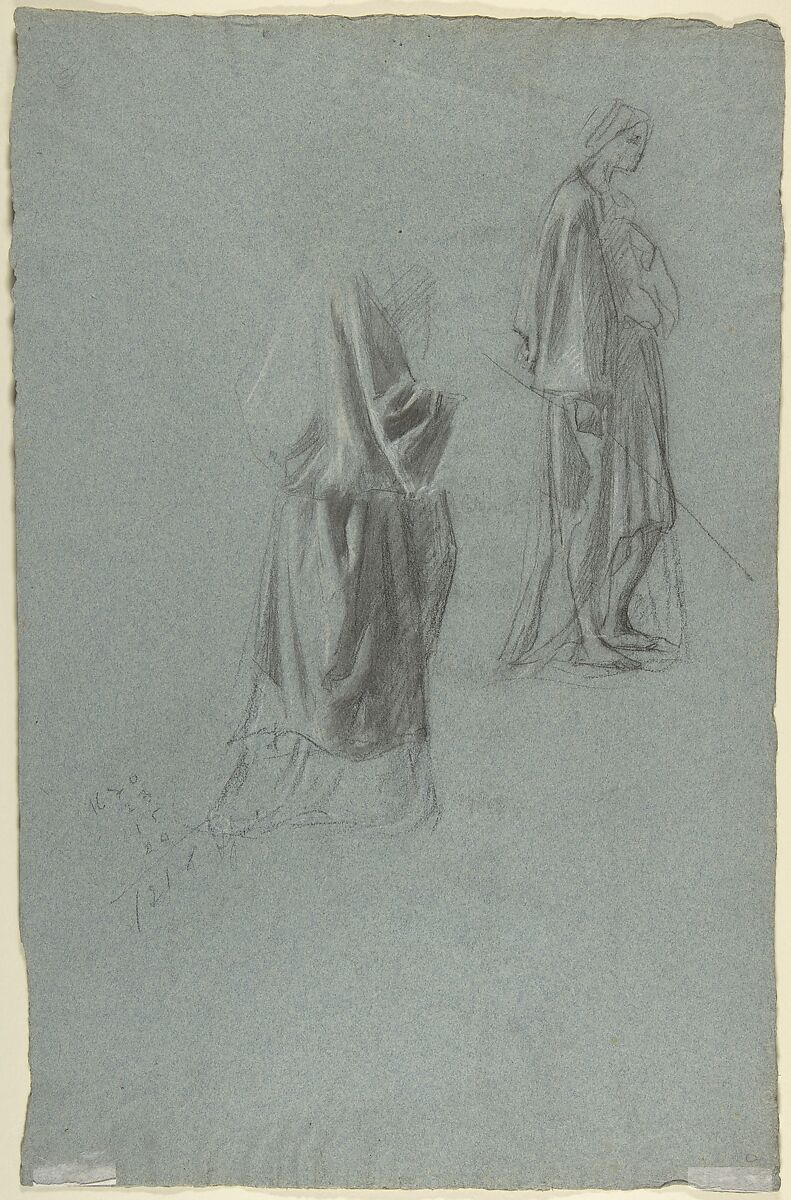 Drapery Studies (recto); Drapery Studies (verso), Anselm Feuerbach (German, Speyer 1829–1880 Venice), Black and white chalk on blue paper