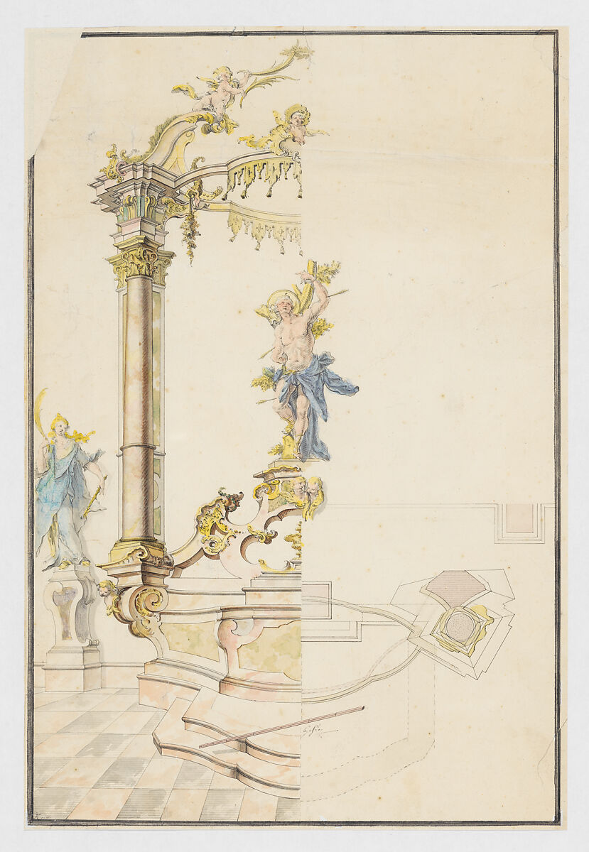 Design for an Altarpiece with a Figure of St. Sebastian, Joseph Anton Feuchtmayer  German, Pen and gray ink, and watercolor. Broad framing line in pen and black ink.