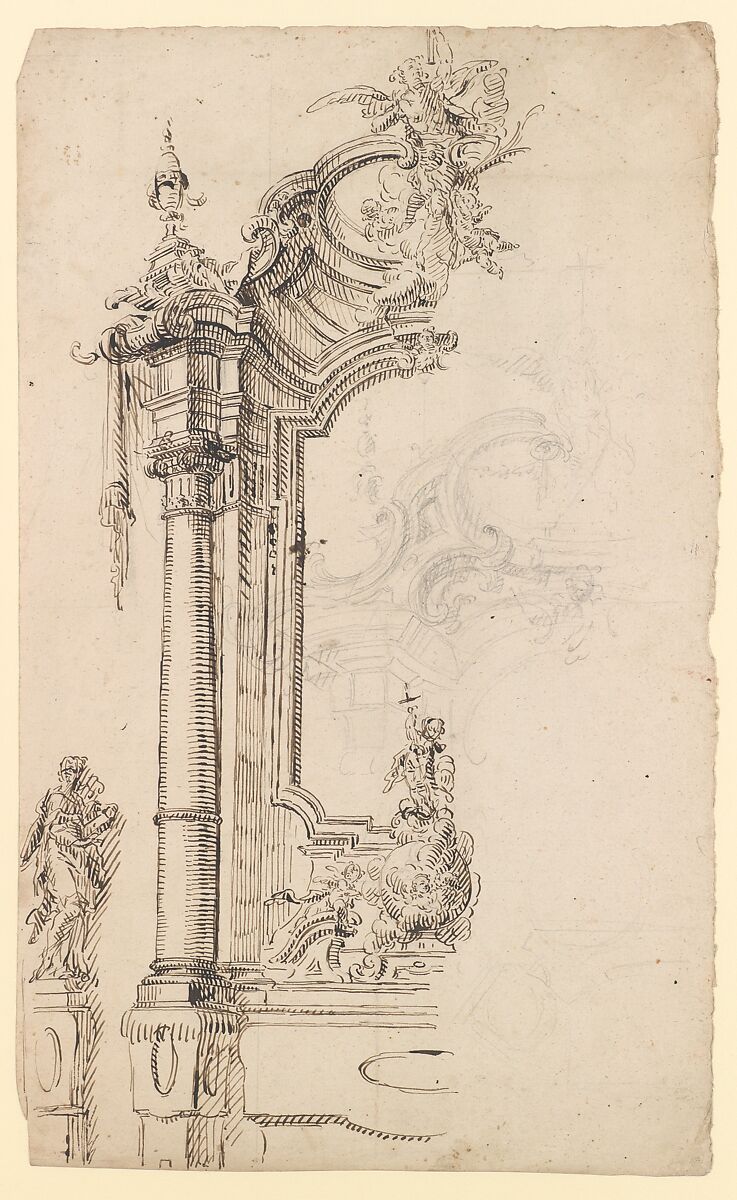 Study for an Altar with a Figure on a Raised Socle at Left; verso: Study for an Altar with a Figure of an Angel or Saint, Joseph Anton Feuchtmayer (German, Linz 1696–1770 Mimmenhausen), Pen and brown ink, graphite