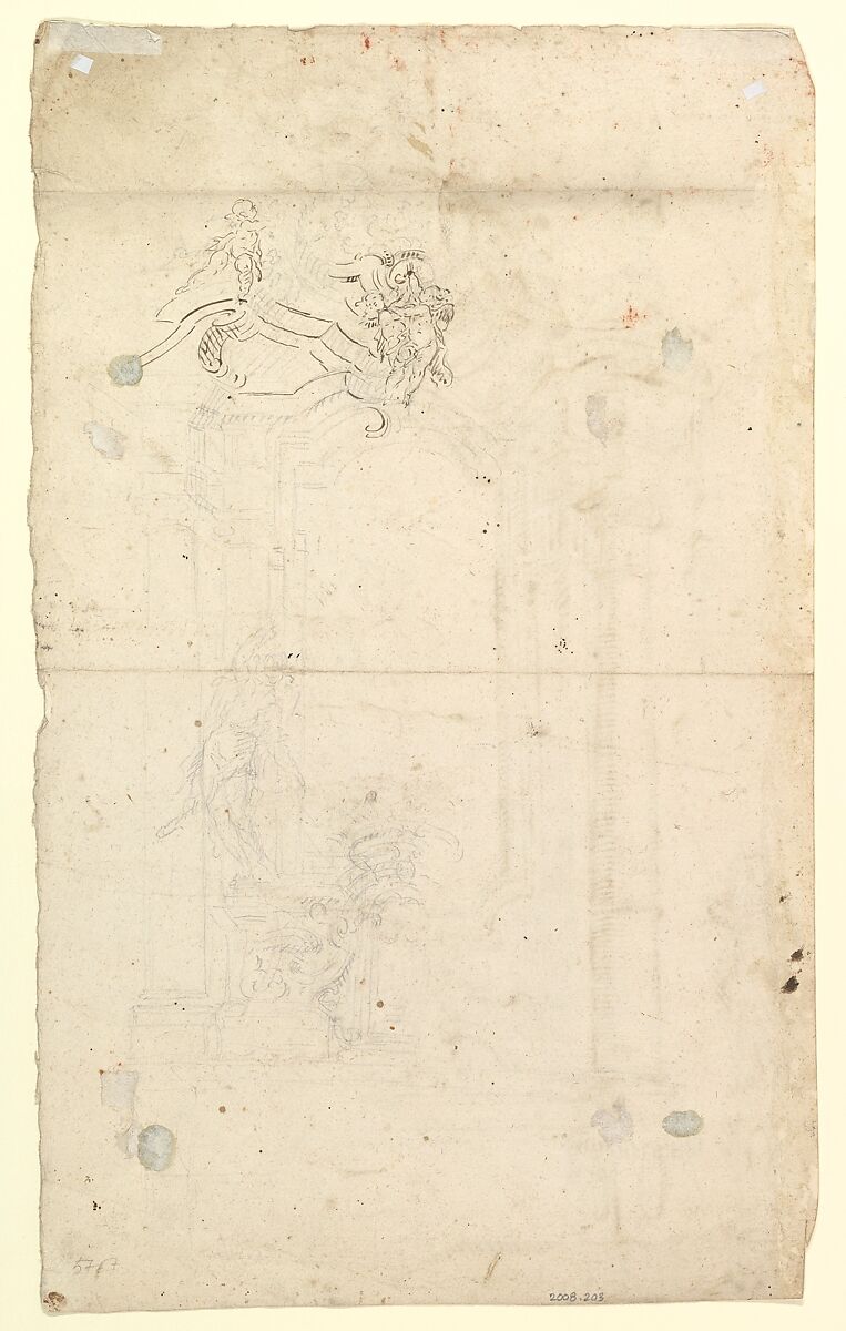 Study for an Altar with a Figure on a Raised Socle at Left; verso: Study for an Altar with a Figure of an Angel or Saint, Joseph Anton Feuchtmayer (German, Linz 1696–1770 Mimmenhausen), Pen and brown ink, graphite