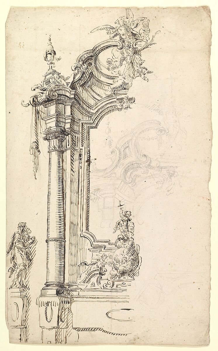 Study for an Altar with a Figure on a Raised Socle at Left; verso: Study for an Altar with a Figure of an Angel or Saint, Joseph Anton Feuchtmayer (German, Linz 1696–1770 Mimmenhausen), Pen and brown ink, graphite 