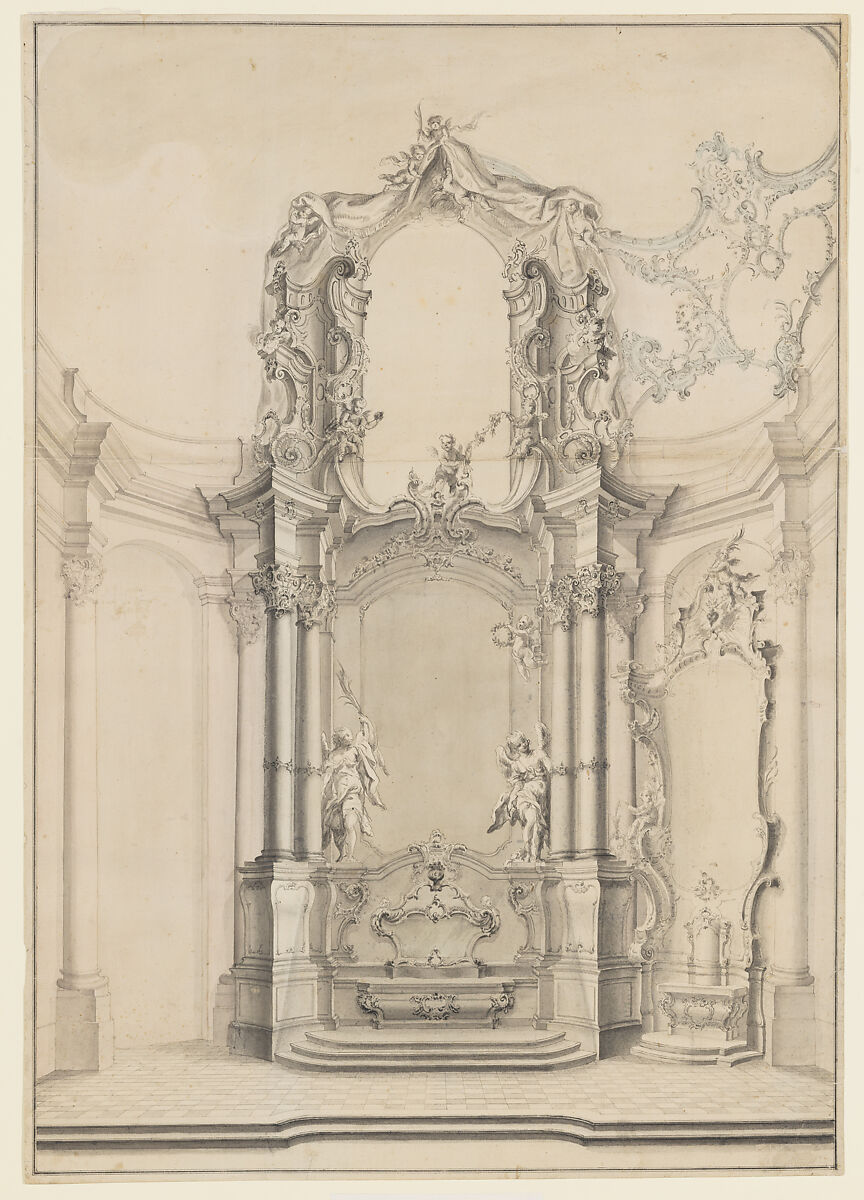 Design for the Transeptal Altars in the Klosterkirche Zwiefalten, Johann Michael Feichtmayr  German, Pen and gray ink, gray and gray-blue wash, and graphite. Framing lines in pen and black ink.