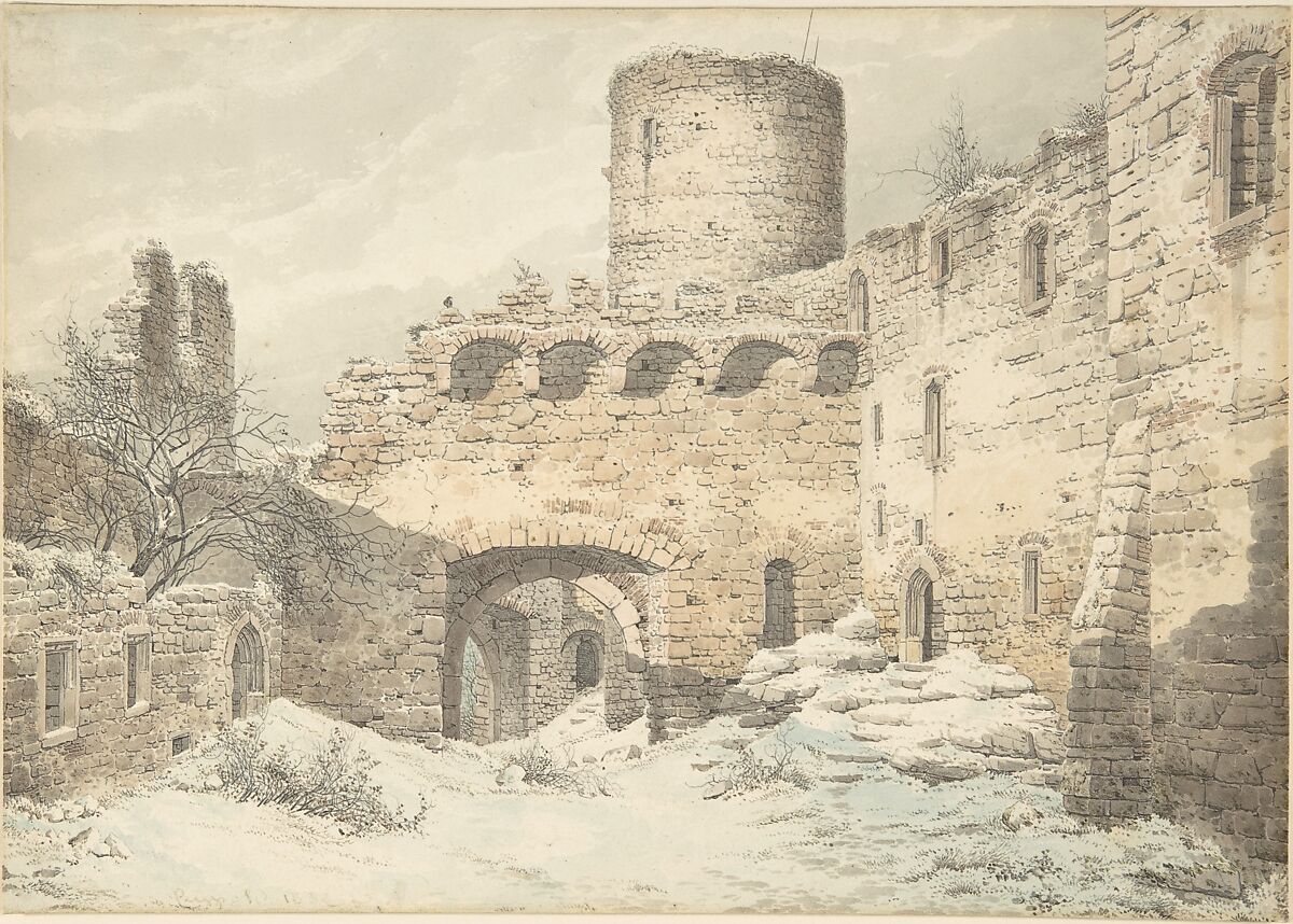 Winter View of the Courtyard of a Medieval Castle in Ruins, Julius von Leypold (German, Dresden 1806–1874 Niederlößnitz), Graphite, brush and gray ink, watercolor 