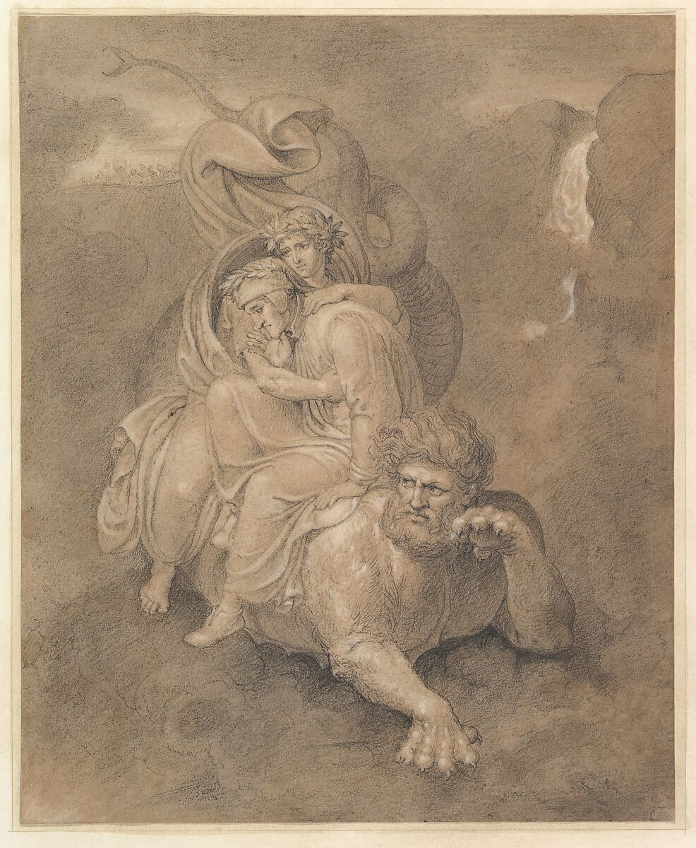 Dante and Virgil on the back of Geryon, Bertel Thorvaldsen (Danish, Copenhagen 1770–1844 Copenhagen), Black and white chalk 