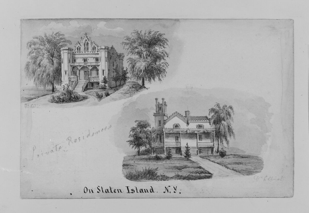 Two Private Residence, Dr. Fadie Elliot, on Staten Island, New York, Augustus Kollner (American, born Germany, Stuttgart 1812/13–1906 Philadelphia, Pennsylvania), Watercolor 