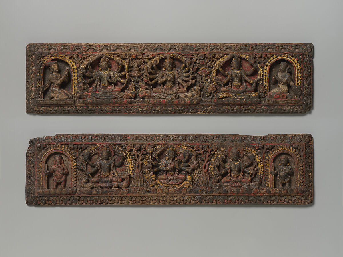 Pair of Buddhist Manuscript Covers, Polychrome and gold on wood, Nepal (Kathmandu Valley) 