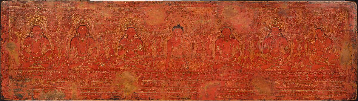 The Buddha Shakyamuni, Five Past Buddhas, and Maitreya, Wood with red pigment, gold, and ink , Tibet 