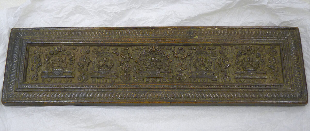 The Buddha Shakyamuni, Five Past Buddhas, and Maitreya, Wood with red pigment, gold, and ink , Tibet