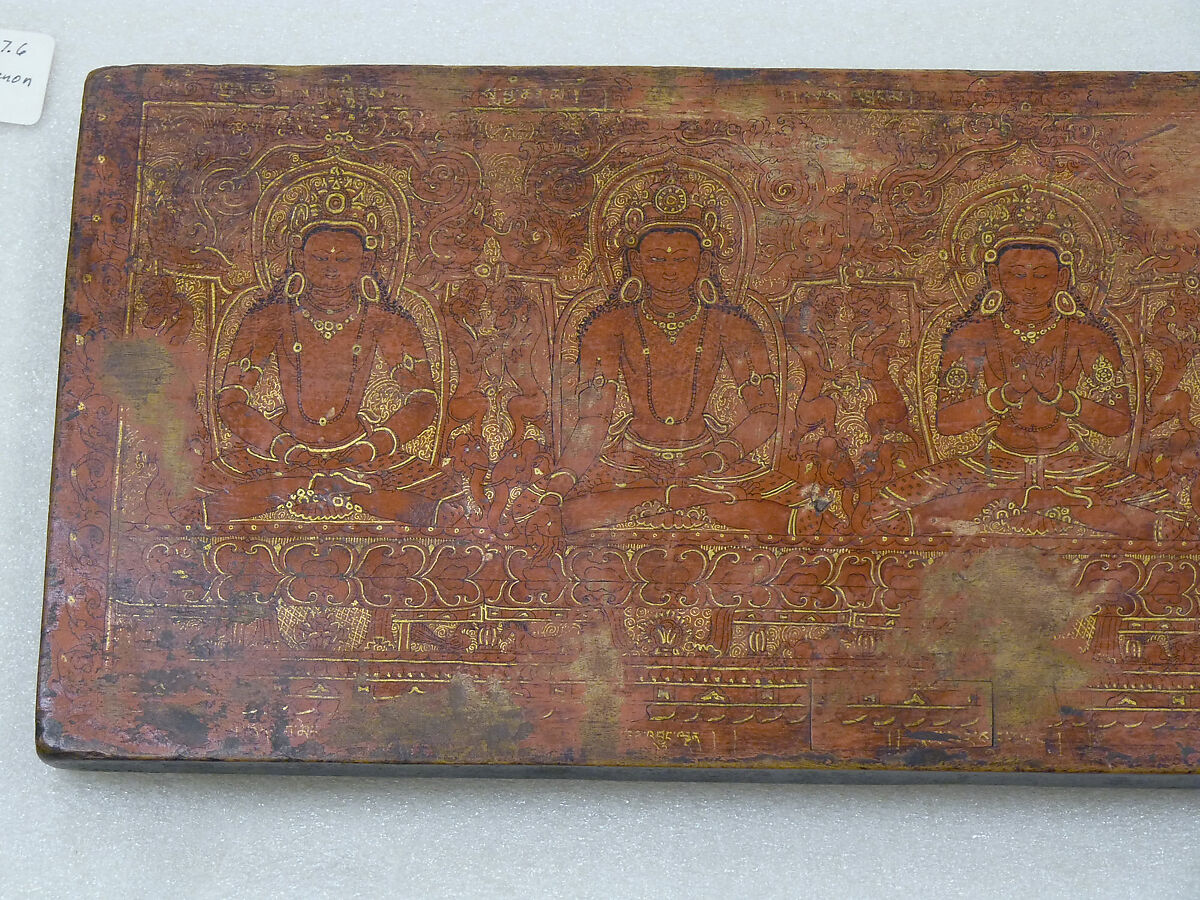 The Buddha Shakyamuni, Five Past Buddhas, and Maitreya, Wood with red pigment, gold, and ink , Tibet