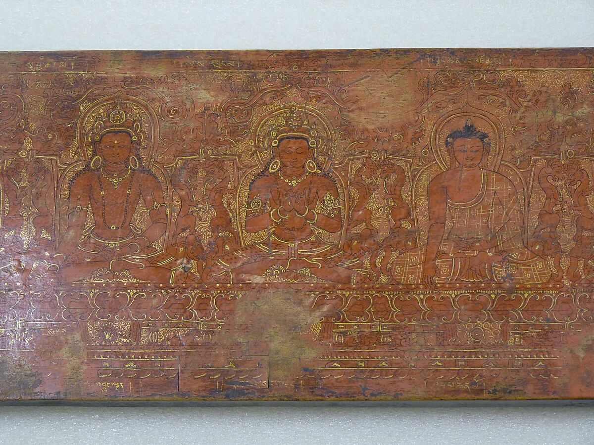 The Buddha Shakyamuni, Five Past Buddhas, and Maitreya, Wood with red pigment, gold, and ink , Tibet