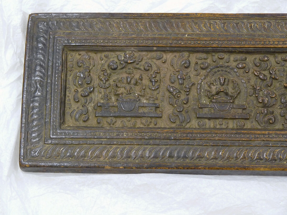 The Buddha Shakyamuni, Five Past Buddhas, and Maitreya, Wood with red pigment, gold, and ink , Tibet