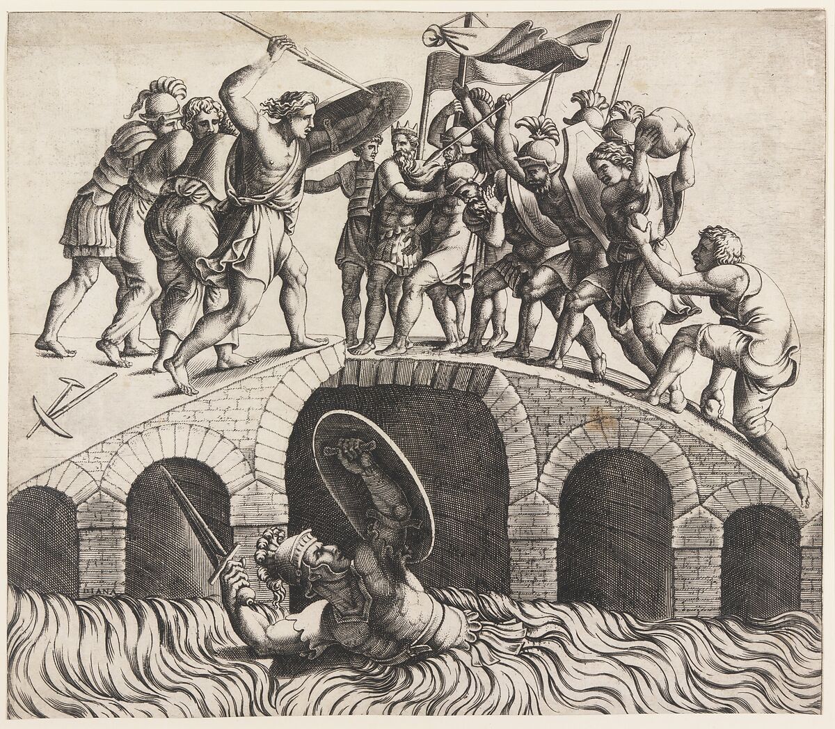 Horatio Coclès Saving Himself by Swimming, Diana Scultori (Italian, Mantua ca. 1535?–after 1588 Rome), Engraving 