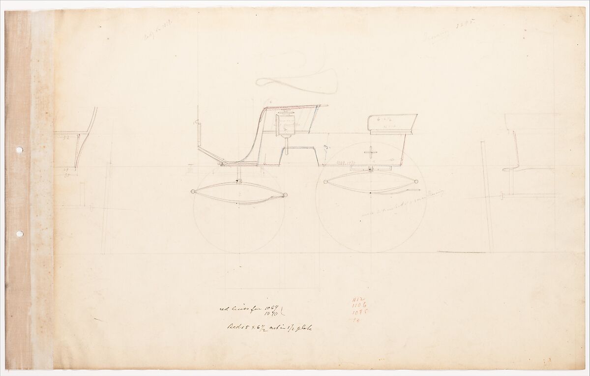 Working Drawing for T-Cart Phaeton No. 3295, Brewster &amp; Co. (American, New York), Graphite with red and blue crayon 
