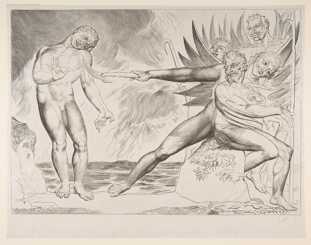 The Circle of Corrupt Officials: The Devils Tormenting Ciampolo, William Blake (British, London 1757–1827 London), Engraving 