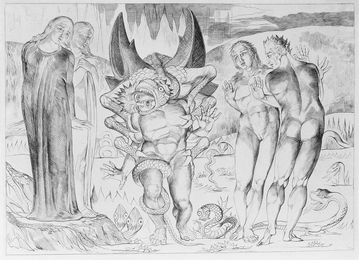 Circle of Theives: Agnello Brunelleschi Attacked By a Six-Footed Serpent, William Blake (British, London 1757–1827 London), Engraving