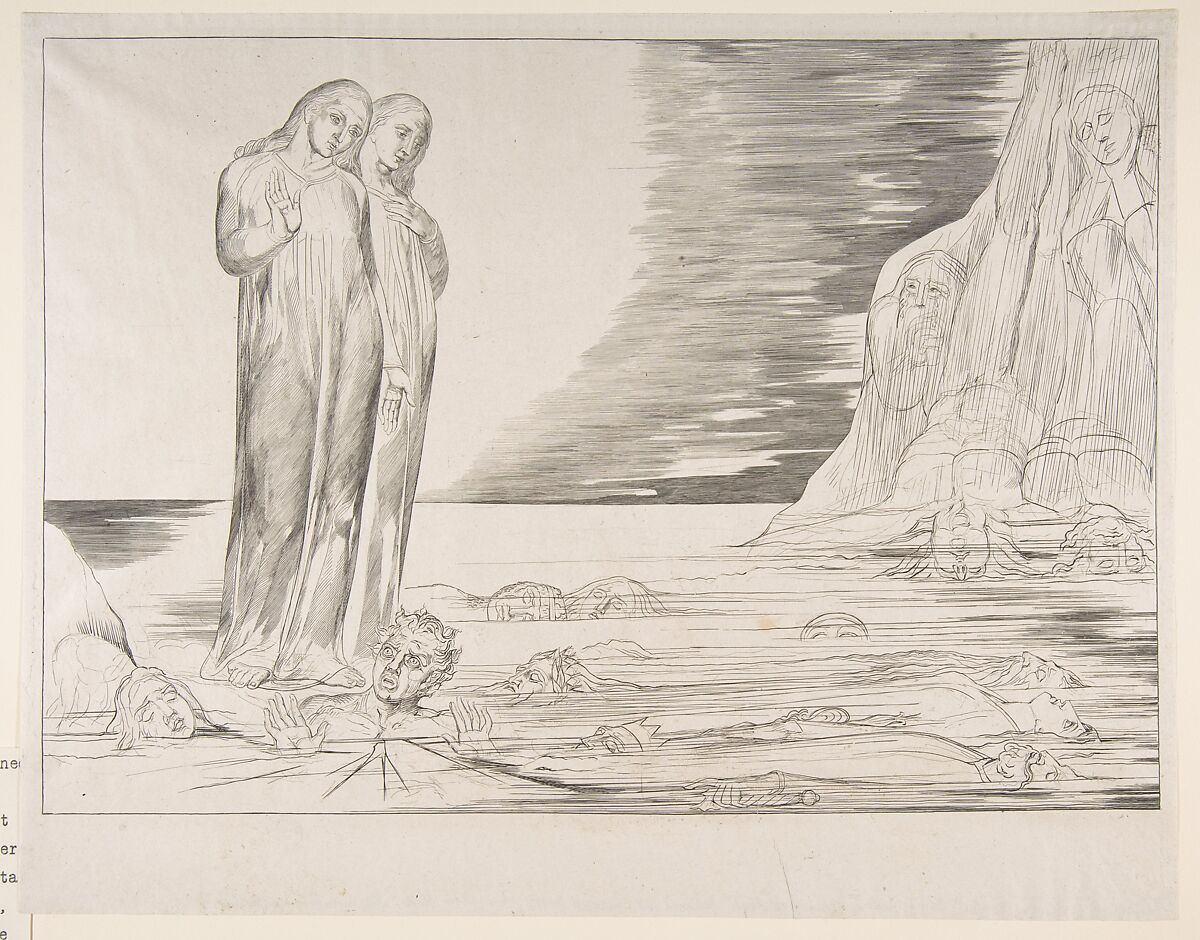 The Circle of Traitors: Dante's Foot Striking Bocca degli Abbate, William Blake (British, London 1757–1827 London), Engraving 