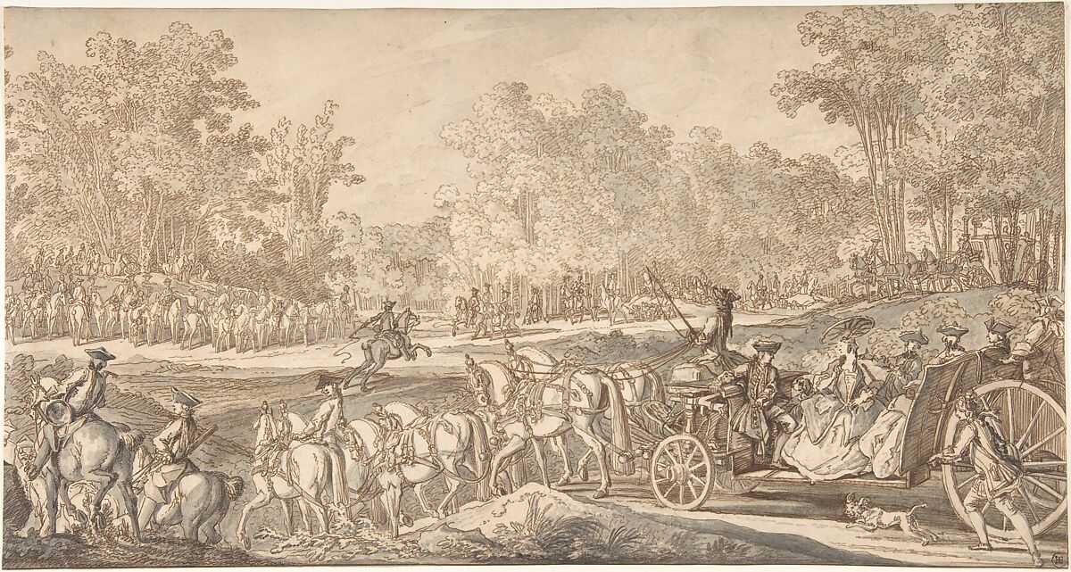 The Arrival of the Princely Carriage at the Starting Point of the Hunt, Johann Elias Ridinger (German, Ulm 1698–1767 Augsburg), Pen and brown ink, gray wash, over a sketch in graphite or black chalk. Framing line in pen and brown ink (lower and right edge) and graphite (upper edge) 