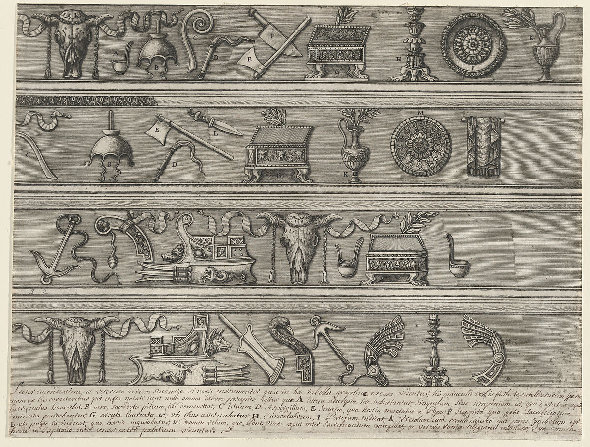 Sacrificial Instruments Based on Ancient Relief Sculpture, from "Speculum Romanae Magnificentiae", Attributed to Nicolas Beatrizet (French, Lunéville 1515–ca. 1566 Rome (?)), Engraving with text in brown ink
