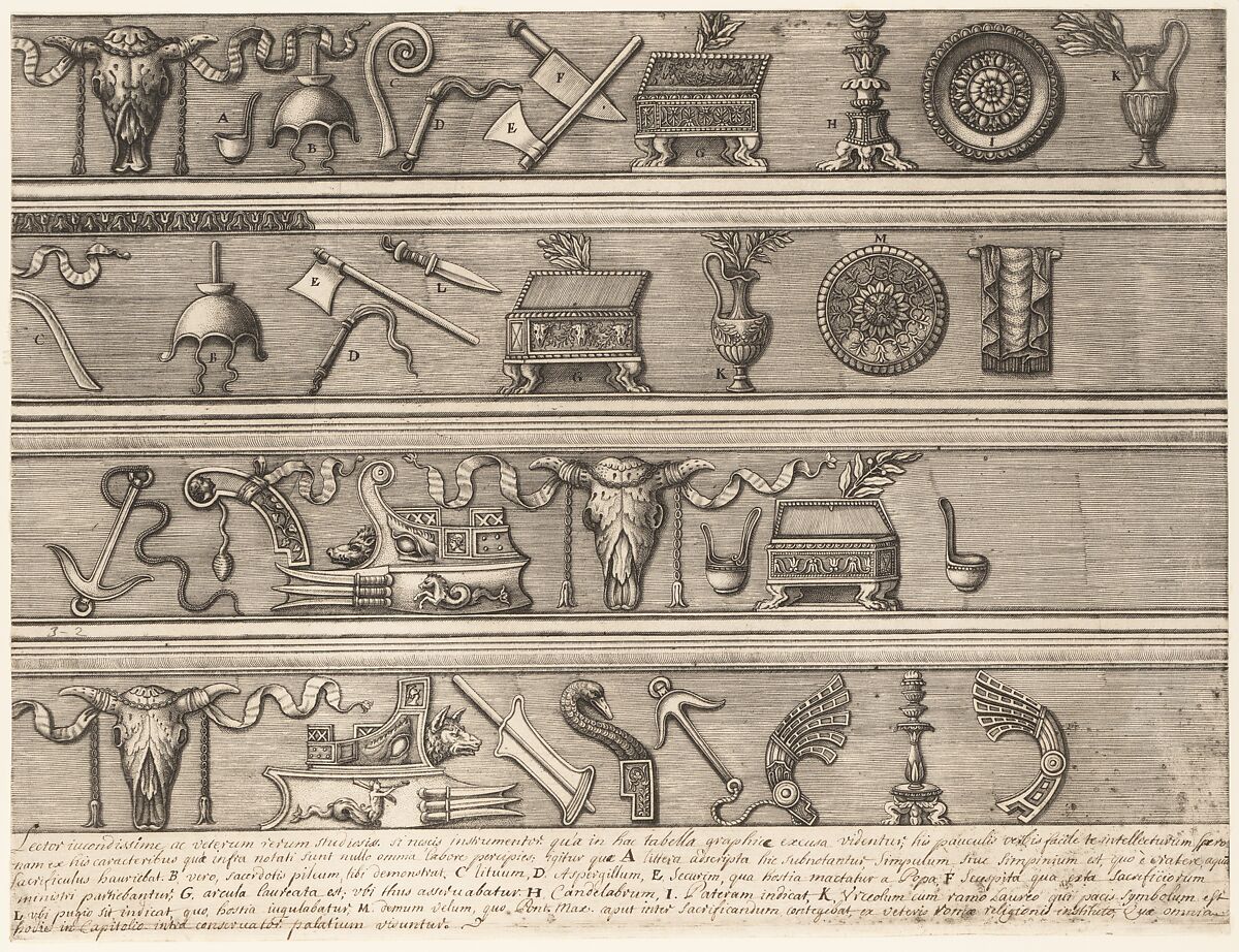 Sacrificial Instruments Based on Ancient Relief Sculpture, from "Speculum Romanae Magnificentiae", Attributed to Nicolas Beatrizet (French, Lunéville 1515–ca. 1566 Rome (?)), Engraving with text in brown ink 